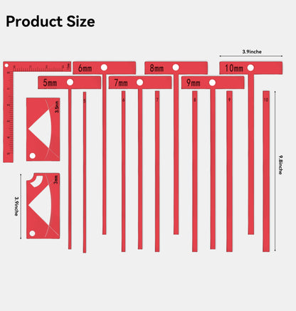 15-Piece Book Binding Ruler Set, Includes T-Shaped, Cutting Angle, and L Rulers, Acrylic Material (Fluorescent Pink)