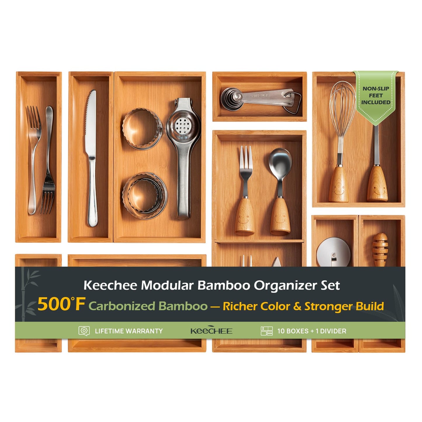 Carbonized Bamboo Kitchen Drawer Organizer, 8 Slots Silverware Organizer, Utensil Holder & Cutlery Tray, 2.2" Deep for Extra Capacity, Non-Slip Feet Included