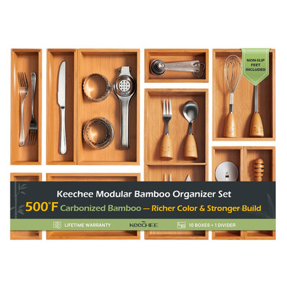 Carbonized Bamboo Kitchen Drawer Organizer, 8 Slots Silverware Organizer, Utensil Holder & Cutlery Tray, 2.2" Deep for Extra Capacity, Non-Slip Feet Included