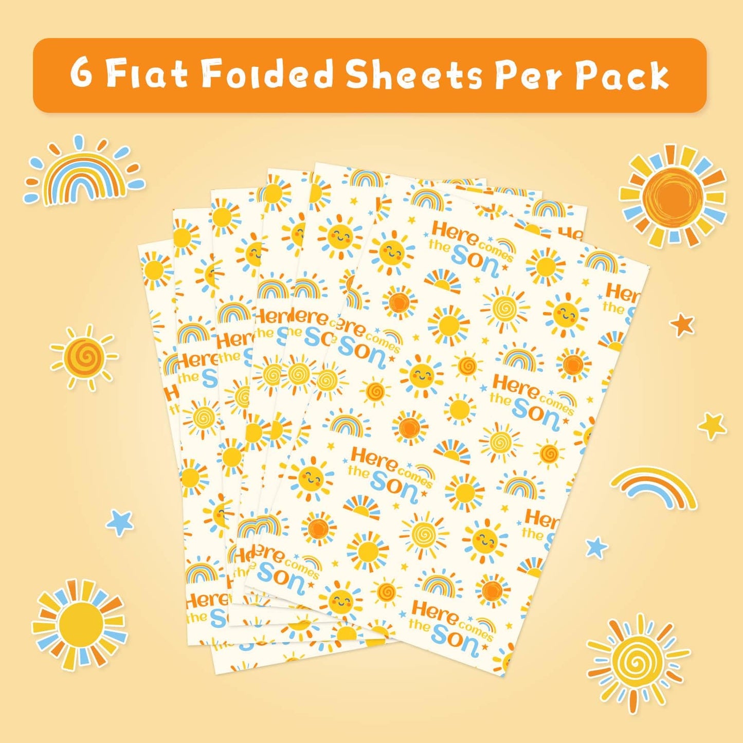 WERNNSAI Baby Sun Wrapping Paper - 6 Sheets 19.7” x 27.5” Baby Shower Wrapping Paper Boy Yellow Sunflower Paper Boho Design for 1st Birthday Gift Wrap Supply
