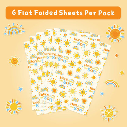 WERNNSAI Baby Sun Wrapping Paper - 6 Sheets 19.7” x 27.5” Baby Shower Wrapping Paper Boy Yellow Sunflower Paper Boho Design for 1st Birthday Gift Wrap Supply
