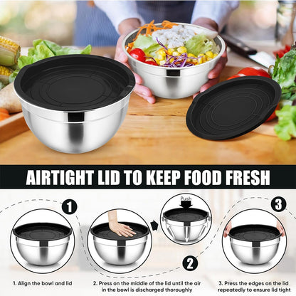 P&P CHEF Mixing Bowls Set - 3 Stainless Steel Bowls with Lids | Airtight & Stackable, 4.6/3/1.5 QT
