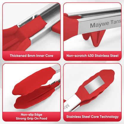 Maywe Tanso 5-Pack Silicone Tongs for Cooking, 4PCS 13-Inch Nonstick Stainless Steel Tongs with Brush