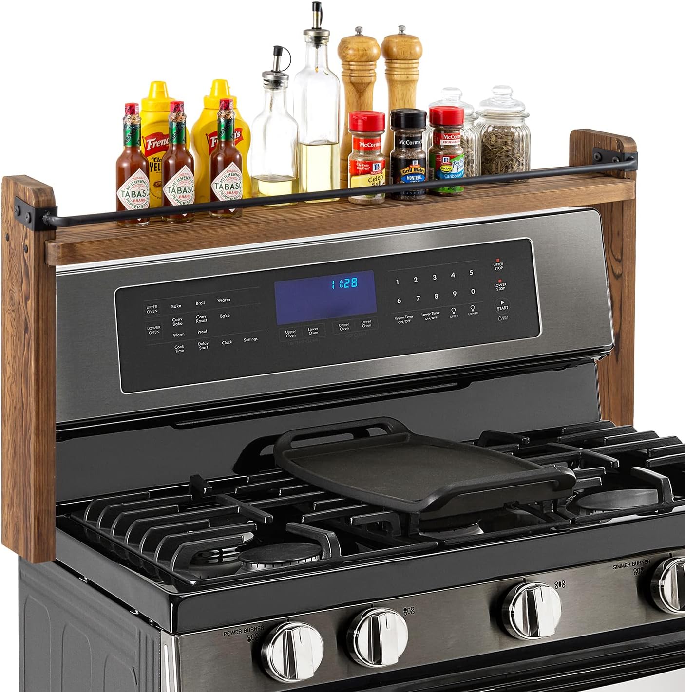 33 Inch MyGift Stove Top Spice Rack - Deluxe Rustic Burnt Solid Wood and Industrial Black Metal Space Saving Over The