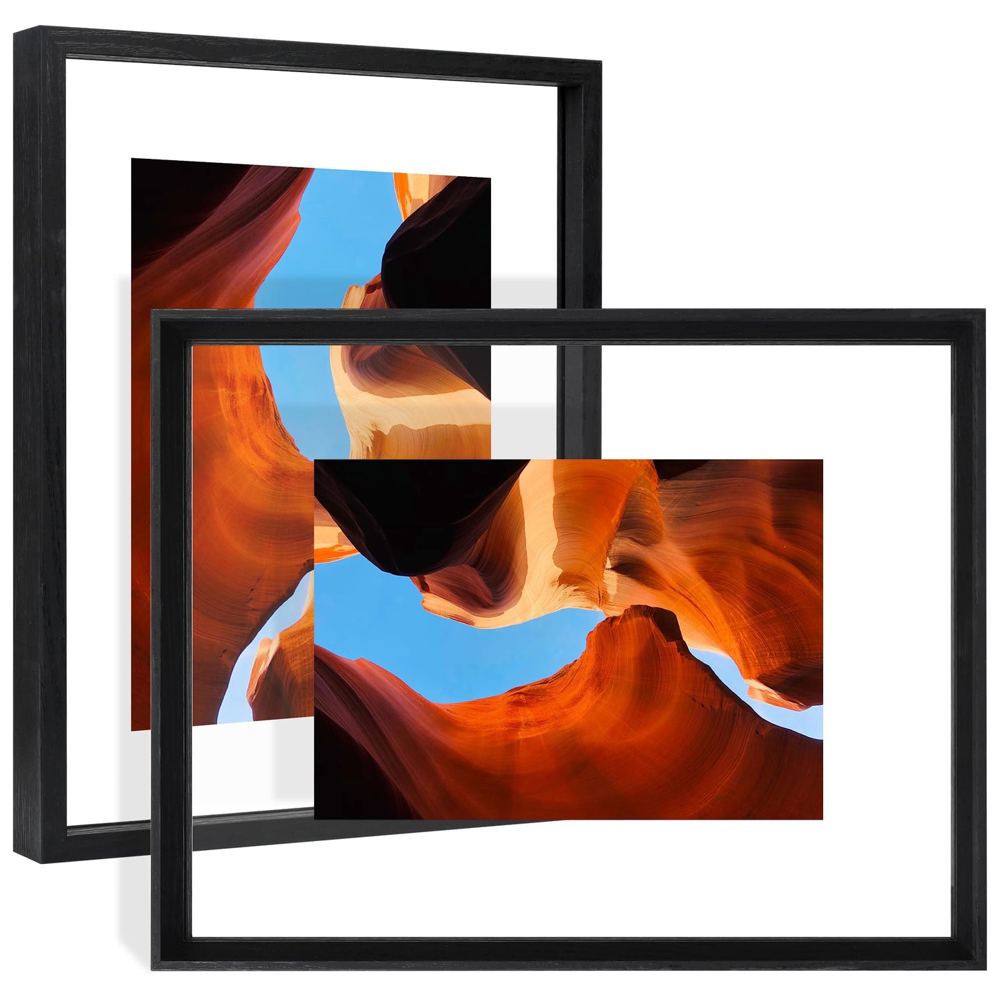 YOTINTIN 11x14 Floating Frames 2 Pack Wooden Photo Frame Double Sided Glass Picture Frame for Any Size Picture up to 11x14, Wall Mount or Tabletop Displays, Double-edged Frames, Black