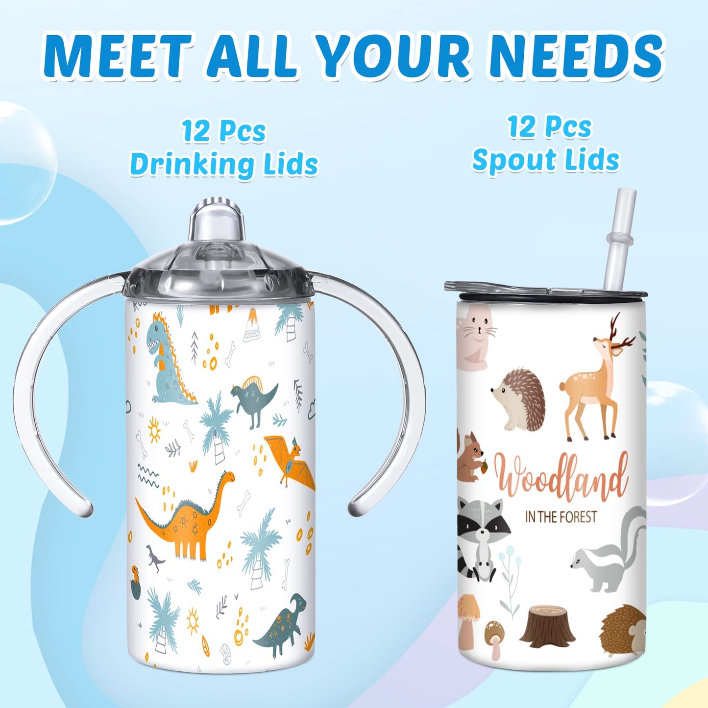 Zubebe 12 Pack 12 oz Sublimation Sippy Cups Blanks 2 in 1 Kids Tumbler with 2 Lids Stainless Steel Toddlers Sublimation Cups Water Bottle with Straws, 2 Heat Tape, 12 Transfer Coating, Coaster, Brush