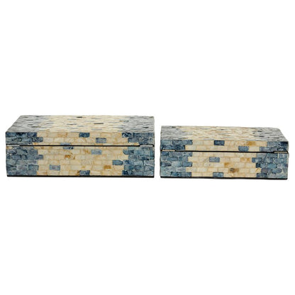 Deco 79 Mother of Pearl Shell Handmade Decorative Box Decorative Keepsake Boxes with Hinged Lid, Set of 2 Storage Boxes 14", 12"W, Blue