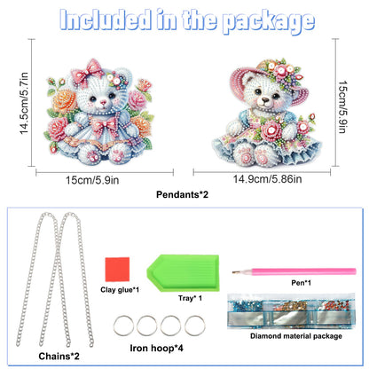2 Pcs Diamond Painting Hanging Ornaments – Cute Teddy Bear Doll Design with Floral Patterns, DIY Acrylic Craft Kit for Home Decoration, Gifts & Crafts