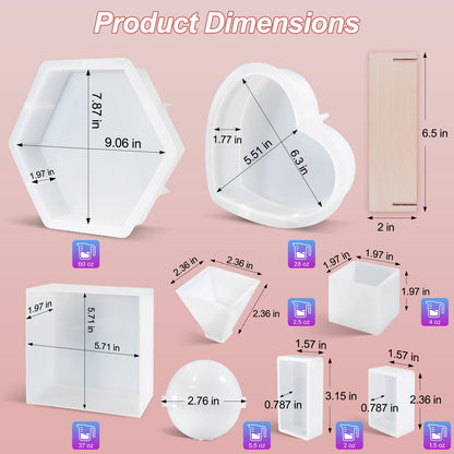 LET'S RESIN 8Pcs Resin Molds Silicone,Deep Epoxy Resin Molds for Flower Bouquet Preservation,Large Silicone Molds for Resin Casting Craft Including Square Hexagon Heart Resin Mold