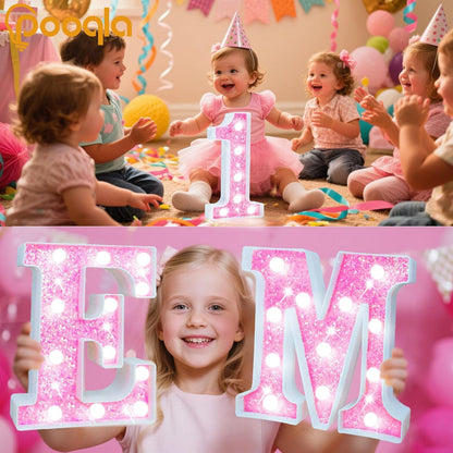 Pooqla LED Marquee Letter Lights, Light Up Letters Glitter Letter Sign Girls Gift, Battery Powered Night Light Pink
