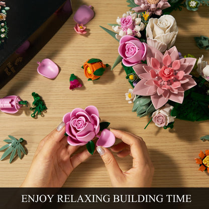 Pink Moon Flower Building Set, Dahlia Rose Bouquet Botanical Collection Building Block, Compatible with Lego Flowers for Home Wall Art Decor, Gifts for 18+ Girls, Women(944PCS)
