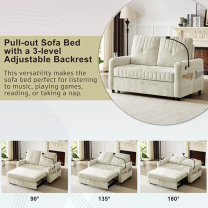 Merax Chenille 3-in-1 Pull Out Sleeper Sofa Bed Couch, 54" Convertible Futon Loveseat with Adjustable Backrest, 2 Cup Holders, Phone Stand, 3 Charging Ports and Storage Pockets for Living Room, Beige