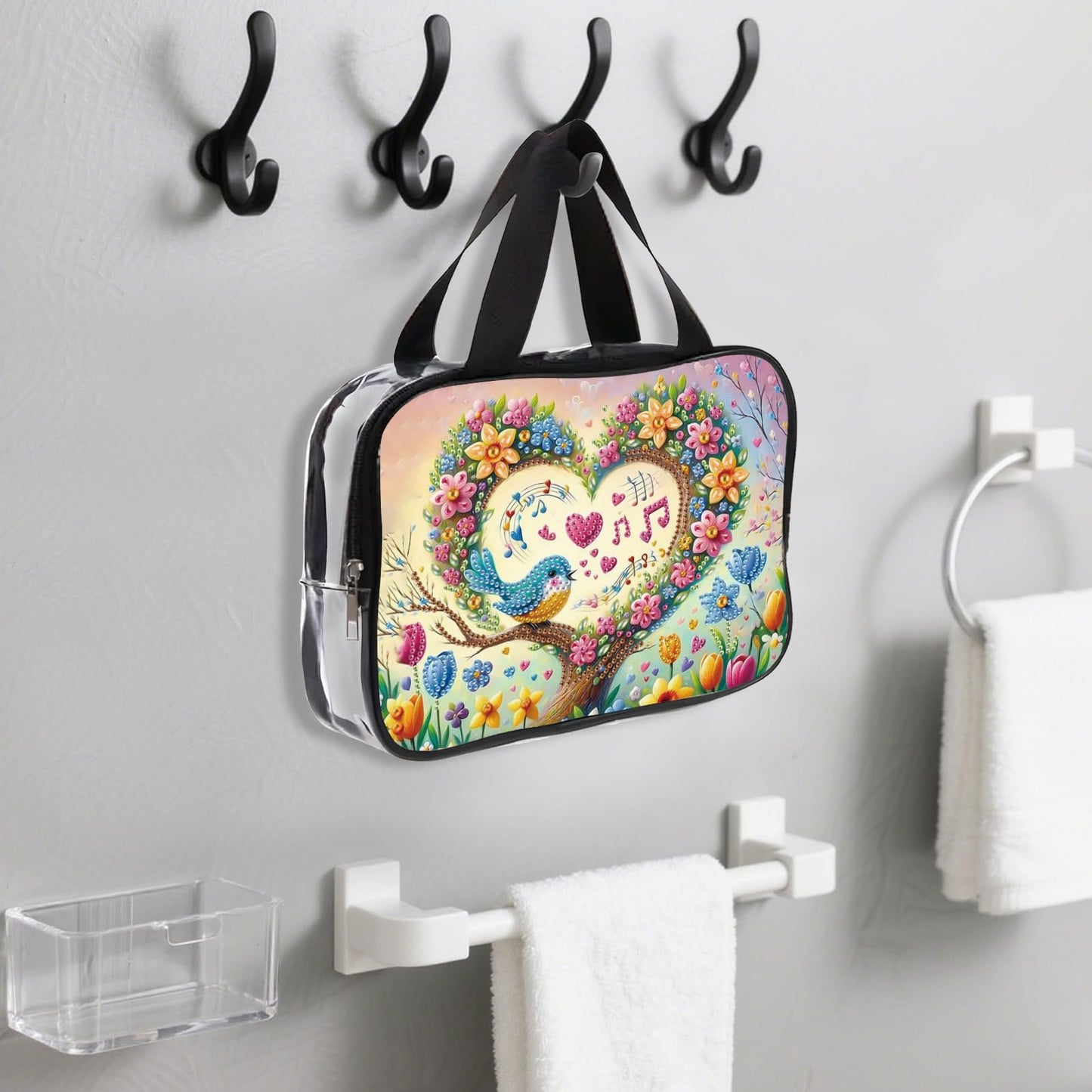 JZHYOAN Diamond PaintingTravel Toiletry Bag for Women Makeup Storage Organizer Art Portable Travel Makeup Pouch with Zipper Love Pattern Cosmetic Toiletry Bag for Shampoo Conditioner Brushes Set
