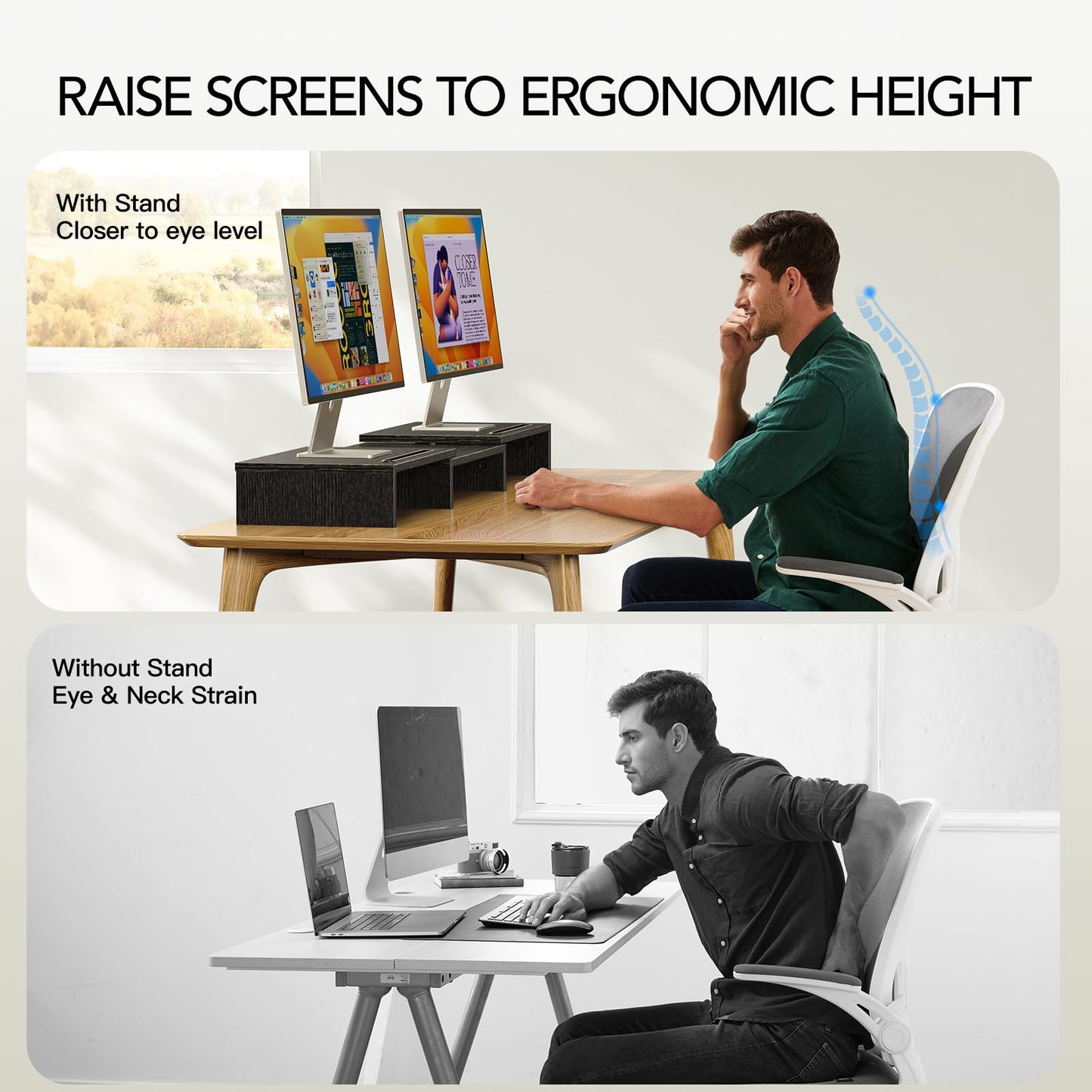 AMERIERGO Dual Monitor Stand Riser for 2 Monitors, Monitor Stand for Desk, Adjustable Computer Monitor Stand with 2 Slot, Multifunctional Desktop Organizer Stand for Laptop, PC, Computer, Printer