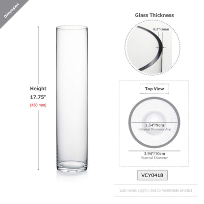 WGVI Quality Thick Weighted Tall Clear Cylinder Glass Vases, 4" W x 18" H, Flower Arrangement Floating Candle Holders Wedding Centerpieces Event Floral Container Artistic Display Home Decor, 1 Piece
