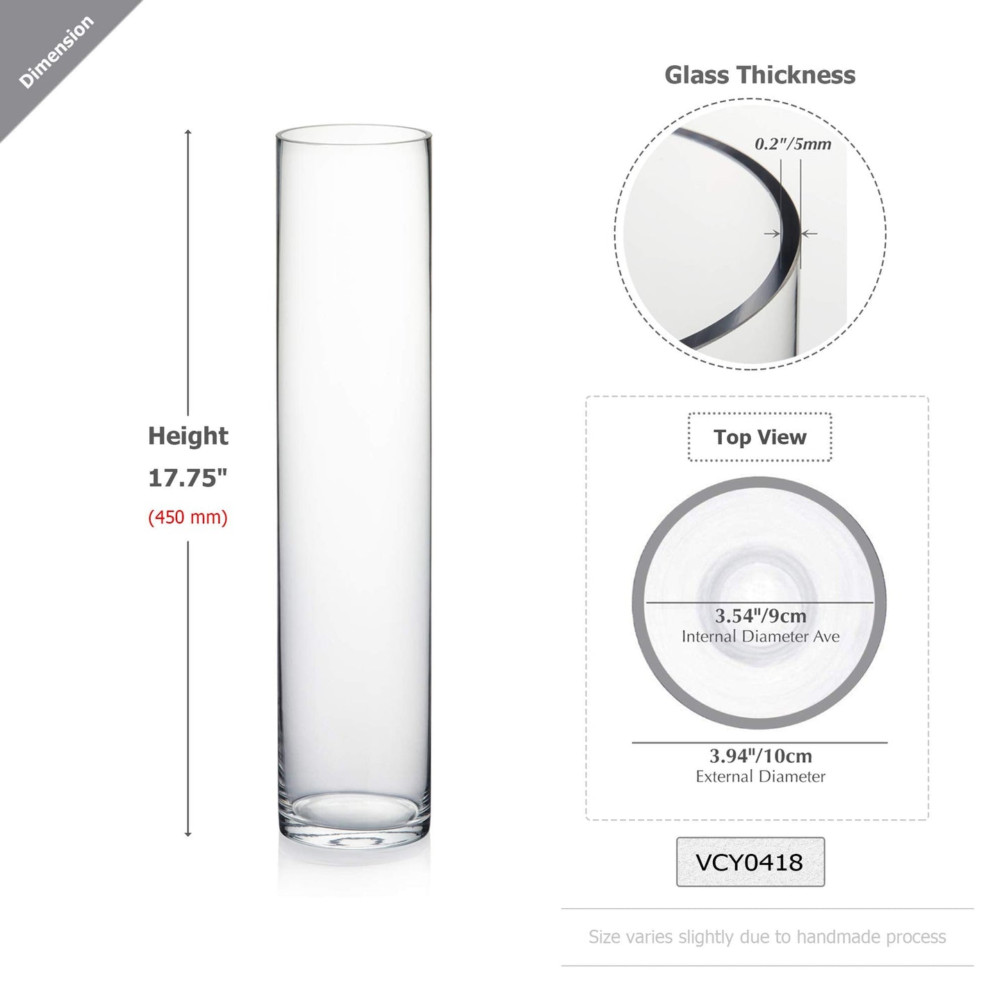 WGVI Quality Thick Weighted Tall Clear Cylinder Glass Vases, 4" W x 18" H, Flower Arrangement Floating Candle Holders Wedding Centerpieces Event Floral Container Display Decor, Bulk Wholesale, 6 Pcs