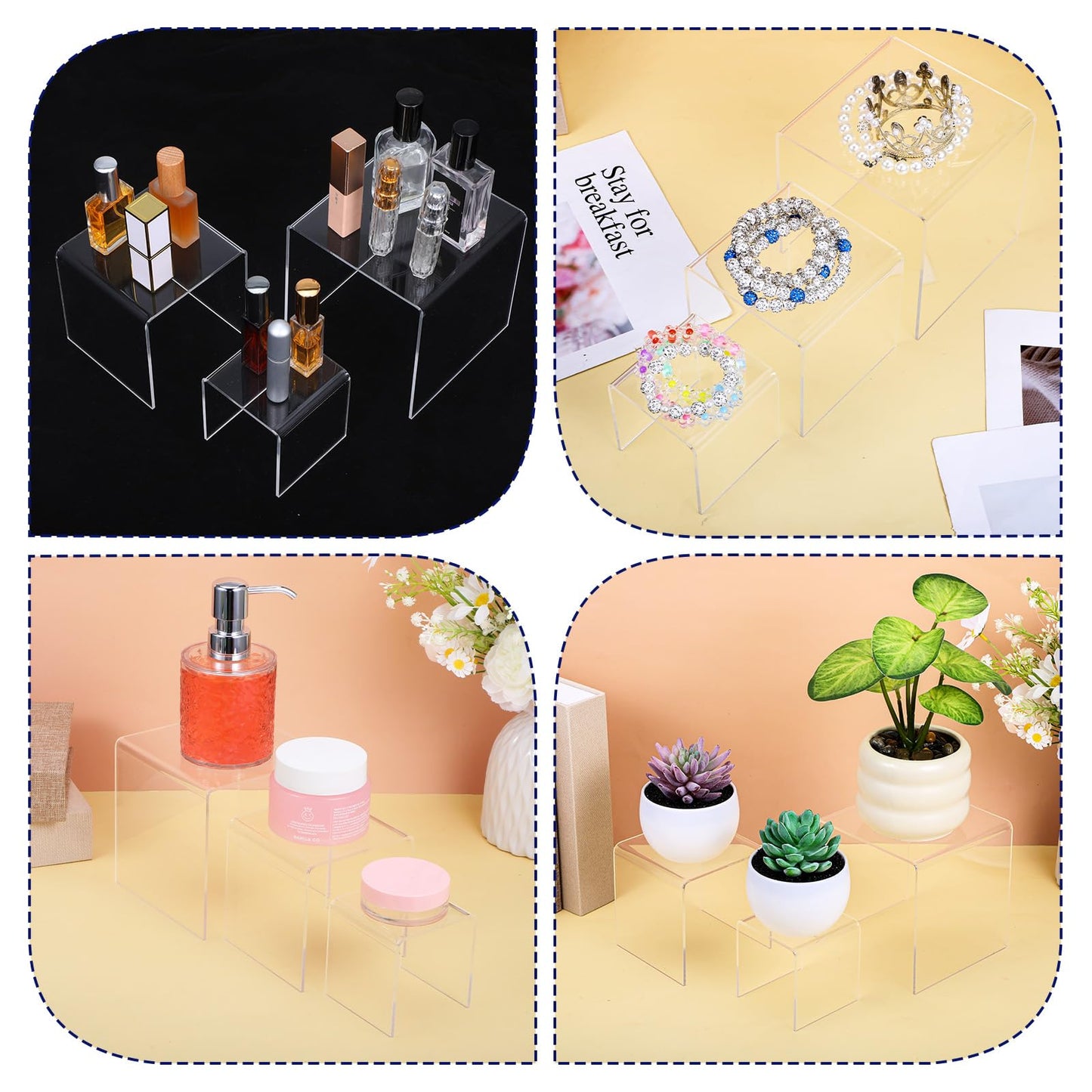 Yolev 6 Pcs Clear Acrylic Risers Display Stands 0.2" Thick 2 Sets Square 3-Tier Risers Stands Tall Acrylic Shelf Riser Display Holder for Figures, Decorations, Cupcakes, Dessert Table (3",4",5")