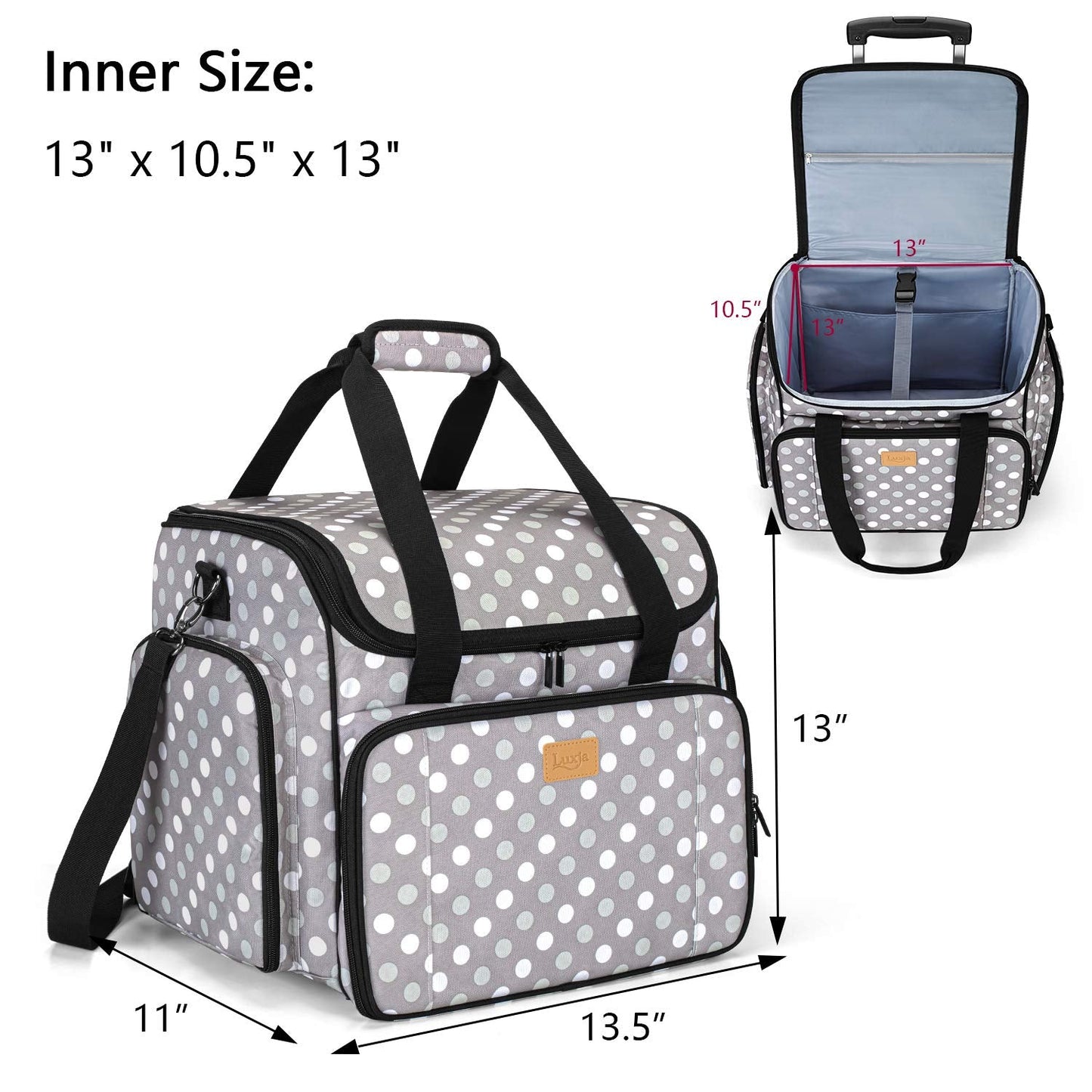 LUXJA Sewing Machine Case with Detachable Dolly, Sewing Machine Tote with Removable Bottom Pad (Patent Design), Gray Dots