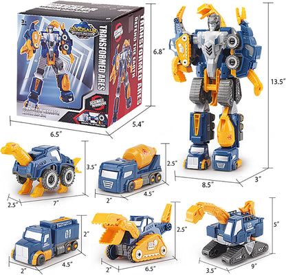 Skiennix Toddler Construction Car Transform Set - 5-Piece Dinosaur Rescue Robot with Magnetic Connectors | DIY STEM Building Trucks for Kids Ages 3-7