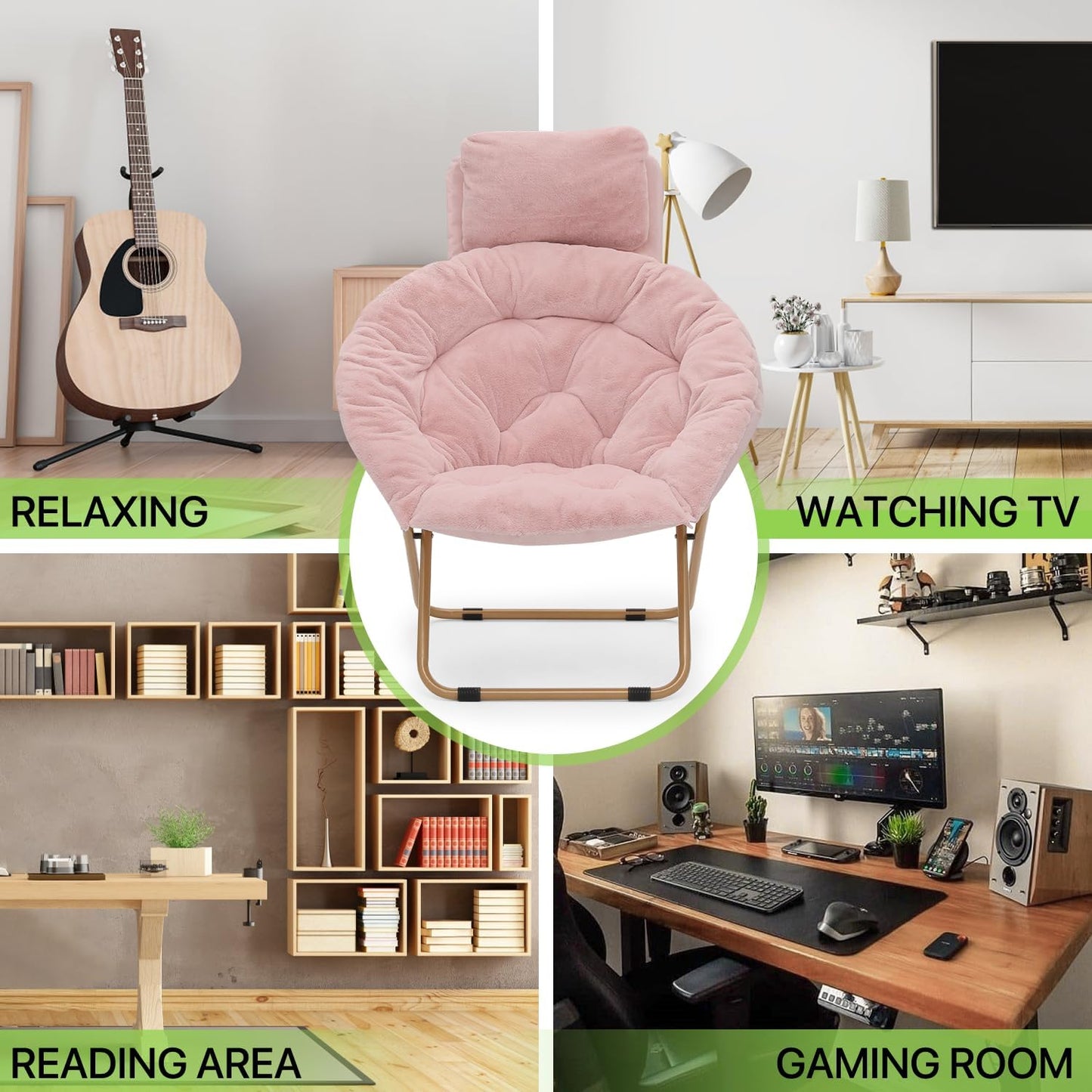 Magshion Saucer Chair with Removable Headrest, Folding Moon Chair for Adults, Oversized Comfy Reading Seat for Bedroom
