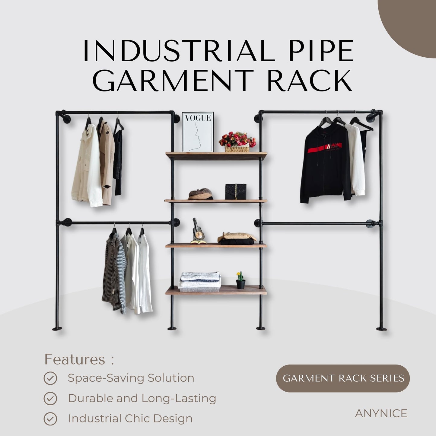 Anynice Industrial Pipe Clothing Rack Wall Mounted, DIY Custom Closet System with Shelves, Heavy Duty Garment Hanging Rack for Walk in Closet, Laundry Room, Retail Display, 14.6x122.8x82.7 in, Y05