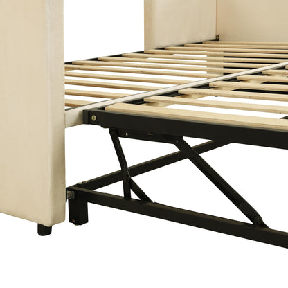 KTATK Twin Size Velvet Upholstered Daybed with Pop Up Trundle,Extendable Wooden Bed Frame,W/Backrest and Armrests,Twin-Size to King-Size,for Living Room Apartment,Beige