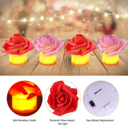 YBB 24 Pack Artificial Rose Tea Light, Valentine's Day Rose Petals Flameless LED Candle Lights for Romantic Night Anniversary Wedding Party Decor