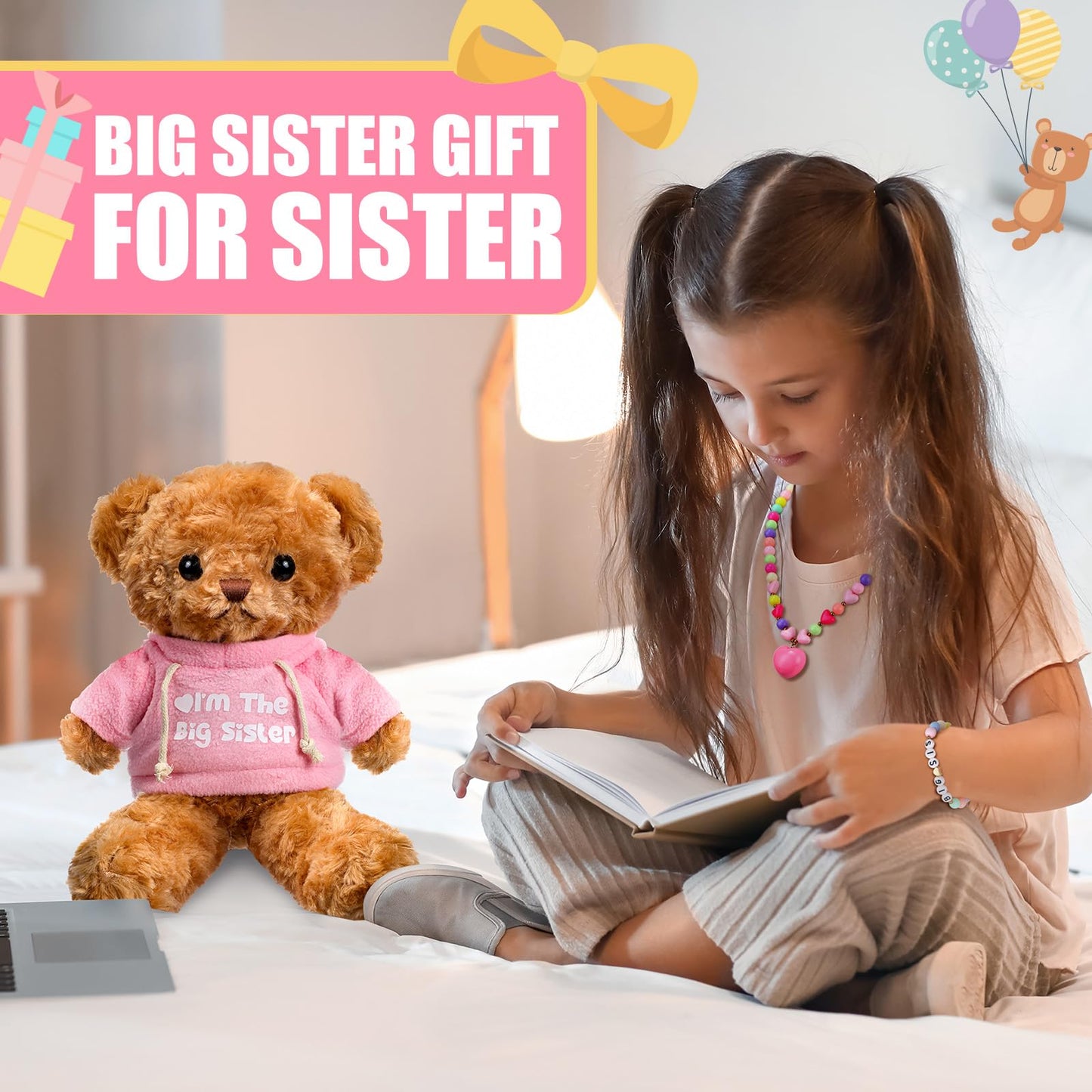 Taiyin 5 Pcs Big Sister Gift Set Big Sister Bear with Colorful Bracelet Necklace Jewelry Pink Stuffed Animal Bear Doll Toy Gift for Who Promoted with Beautiful Greeting Card and Box