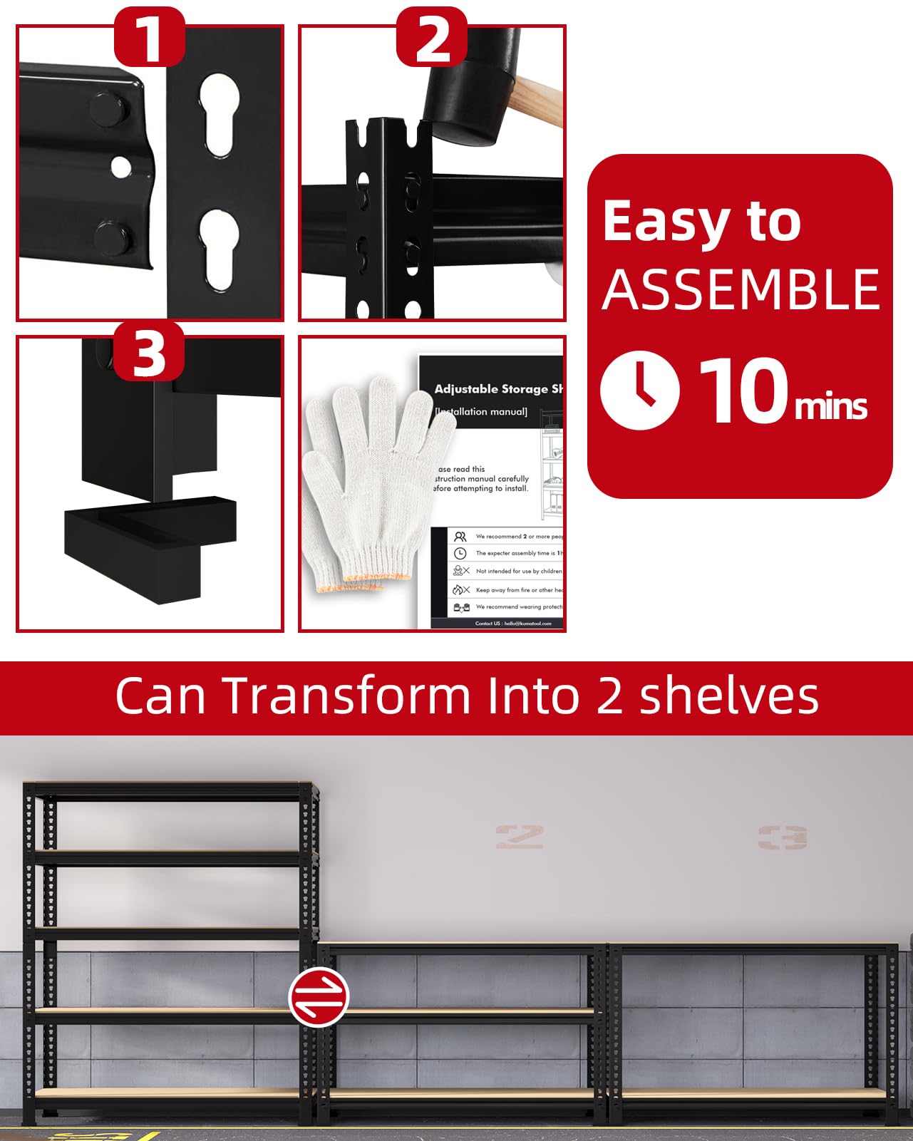 PrimeZone Heavy Duty Garage Storage Shelves - 48" W X 24" D X 72" H Adjustable Metal Shelving Unit, 5 Tier Industrial Shelves for Storage Standing Utility Rack for Warehouse, Basement, Black, 2 Pack