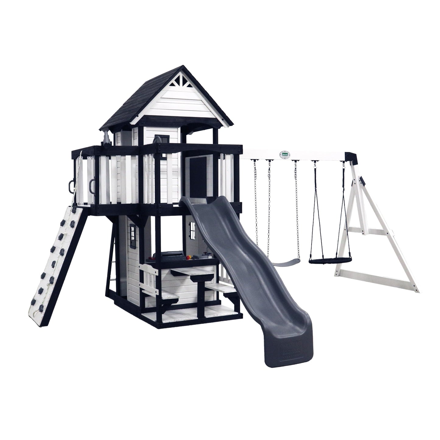 Backyard Discovery Canyon Creek White Cedar Wood Swing Set with Wave Slide, Clubhouse, Play Kitchen, Picnic Area, Belt Swings, Web Swing, Rock Wall, Balconies, Playhouse, Step Ladder, Outdoor Playset