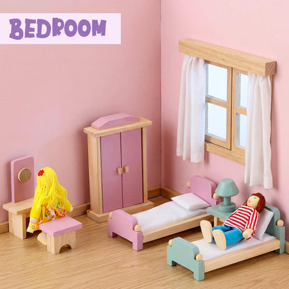 Sumind 35 Pcs Wooden Dollhouse Furniture Set with 8 Family Figures, 1:12 Scale Miniature Dolls House Accessories for Kitchen, Bedroom & Bathroom, Montessori Educational Toy Gift for Girls and Boys