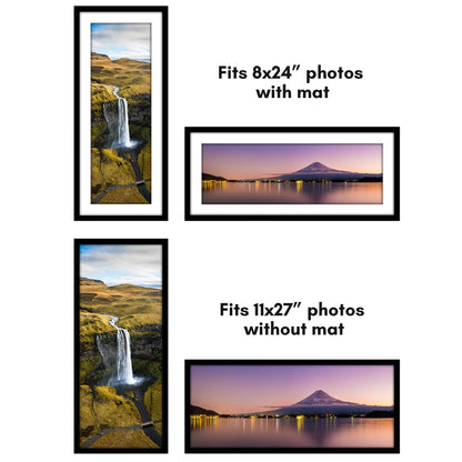 Americanflat 11x27 Picture Frame with Polished Plexiglass - Set of 2 - Use as 8x24 Frame with Mat or Display 11x27 Photo Without Mat - Galleria Collection - Picture Frames for Wall Display - Black