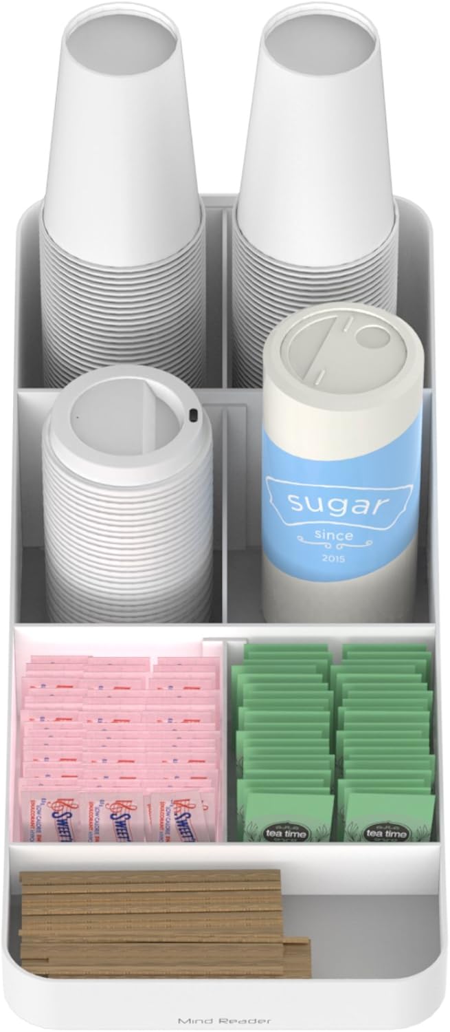 Mind Reader Coffee Condiment Storage Organizer, 7 Compartment for Cups, Lids, Sugars, Stirrers, White