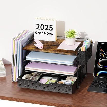gianotter Wood Desk Organizers and Accessories with File Holder, 4-Tier Desk Accessories & Workspace Organizers with Drawer and Pen Holder, Desk Reference Organizer (Wood, 4T with Drawer)
