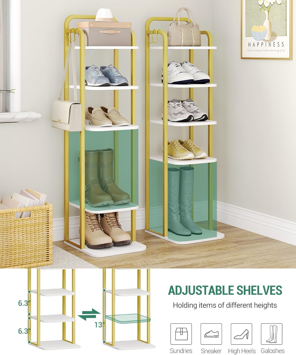 6 2 SR04213A Hzuaneri Tiers Vertical Shoe Rack, Narrow Shoe Tower, Tall Shoes Shelf with Hooks, Adjustable Shelves