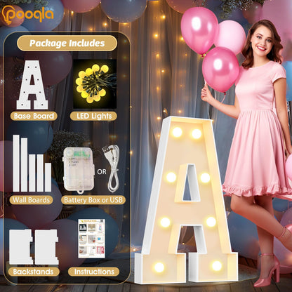 Pooqla 3FT Light Up Marquee Letters, Cool White and Warm White LED Large Lighted Marquee Letters, Giant Mosaic Letter Sign for Balloons Birthday Anniversary Wedding Party Decoration, LED A