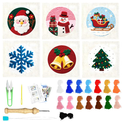 ACRNIGHEET 6Pcs Christmas Punch Needle Kits for Adults Beginners, 6.7" Diameter Punch Needle Embroidery Kit Include Instructions Pre-Printed Pattern Embroidery Hoop Yarns Needles DIY Crafts Gifts Idea
