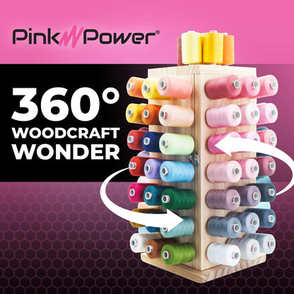 Pink Power 84 Spools Thread Holder Stand - 360 Full Rotating Wooden Thread Organizer - Embroidery Spool Holder Rack - Spool Storage box for Sewing, Quilting, Jewelry, and Hair-Braiding