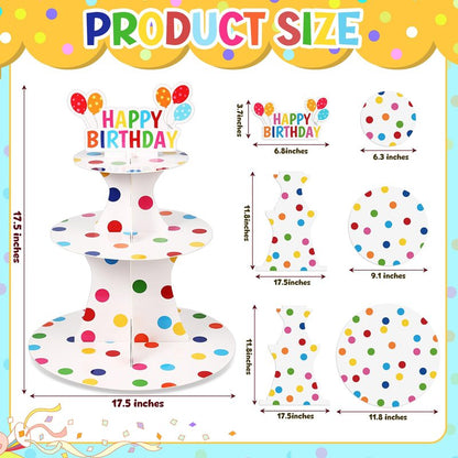 Zopeal Happy Birthday Cupcake Stand 3 Tier Birthday Party Cupcake Holder Polka Dots Cake Stand Holder Cardboard Dessert Tower for Theme Party Supplies Cake Decorations