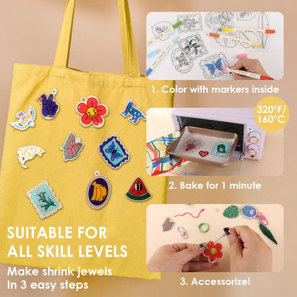 Grabie DIY Shrink Art Craft Kit Jewelry Making Kit for Kids Adults, 25+ Pre-Cut Shapes, 5 Dual-Tip Markers, Custom Charms, Pins, Rings, Keychains (Bloom Post - for Art Lovers)
