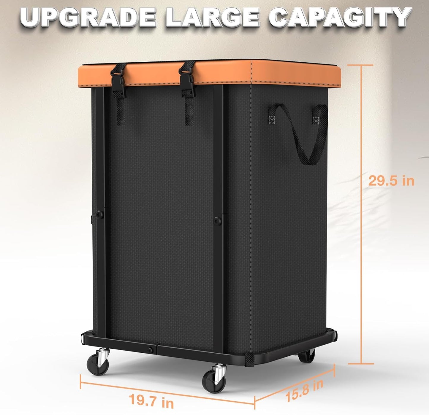 150L (40 Gal) Large Fashion Laundry Basket with Wheels, Leather Patchwork Rolling Hamper Carts, Sturdy Metal Frame
