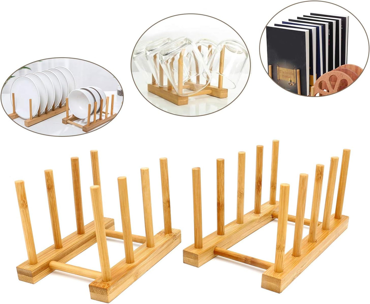 2 Pcs Household Kitchen Natural Bamboo Drain Dish Rack, Multifunctional Cup and Book Storage Rack, 8"(L) x 4.5"(W) x