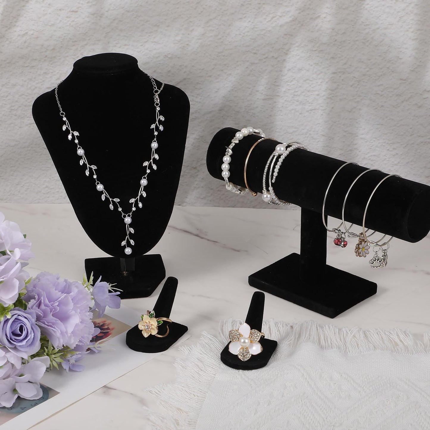 4 Pcs Jewelry Display Set Velvet Necklace Display Stand Jewelry Bust Displays T Bar Bracelet Holder 2 Ring Organizer For Vendors Selling Craft Shows Home Store Trade Show Black
