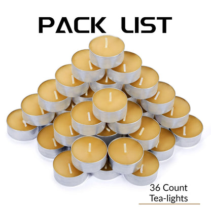 Natural Beeswax Tea Candles in Metal Aluminum Cup - Organic Mini Beeswax Candle Natural Scent Smokeless 4-5 Hours Long Burning - Yellow, Pack of 36