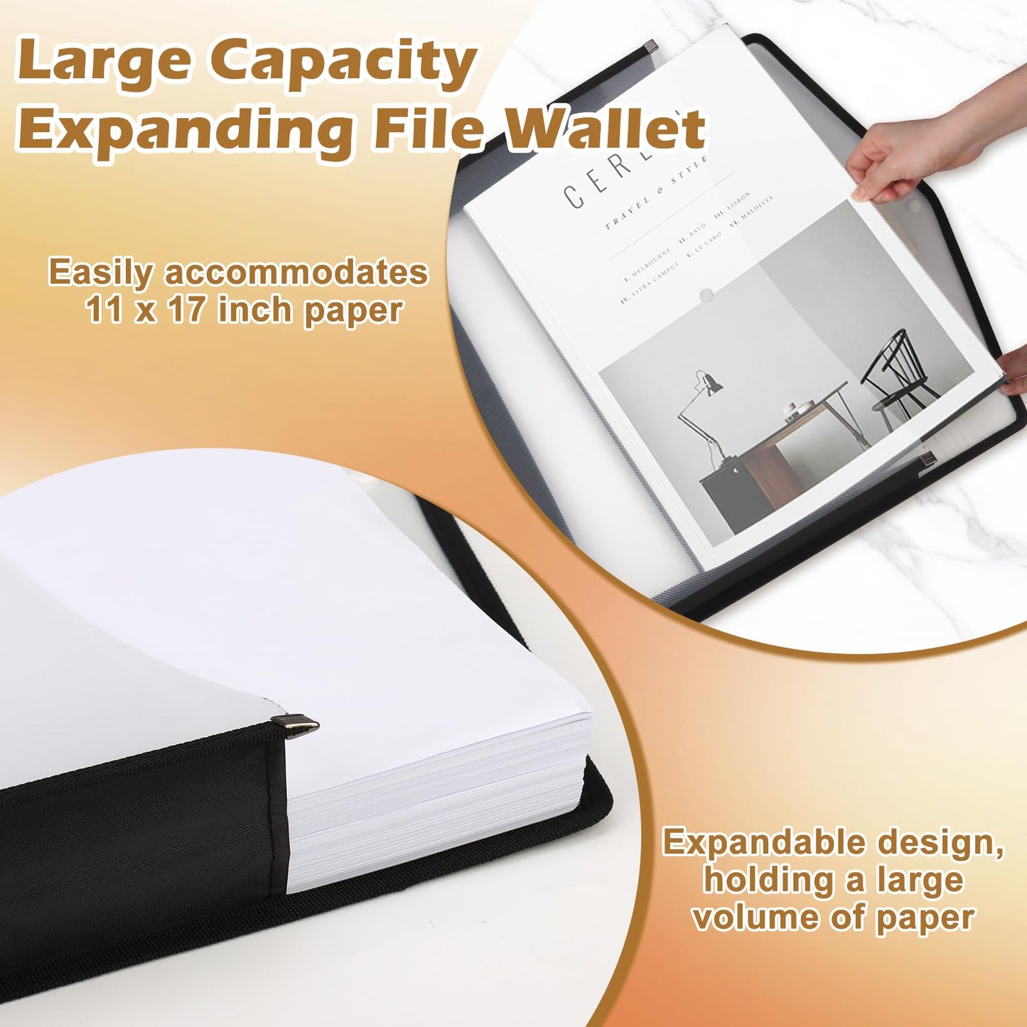 6 PCS 11 x 17 Inch Expandable Tabloid Size Document Folder with Label A3 Plastic Folders for Documents Black Expanding File Wallet Envelope Size Waterproof Clear Plastic File Pouch for Office