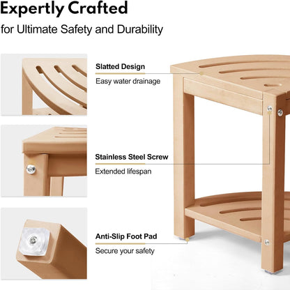Corner Shower Stool for Inside Shower, HDPE Outdoor Side Table with 2-Tier Storage, Non-Slip Feet, White