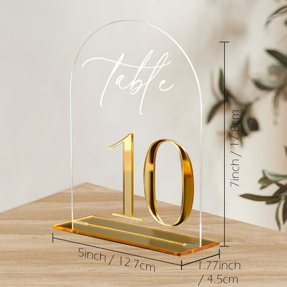 HOODO Clear Arch Wedding table numbers 1-20 with Stands, 5"x7" Arched Acrylic Signs with Gold Mirror Numbers, Clear and Gold Acrylic Table Numbers for Wedding Reception, Party, Anniversary, Event
