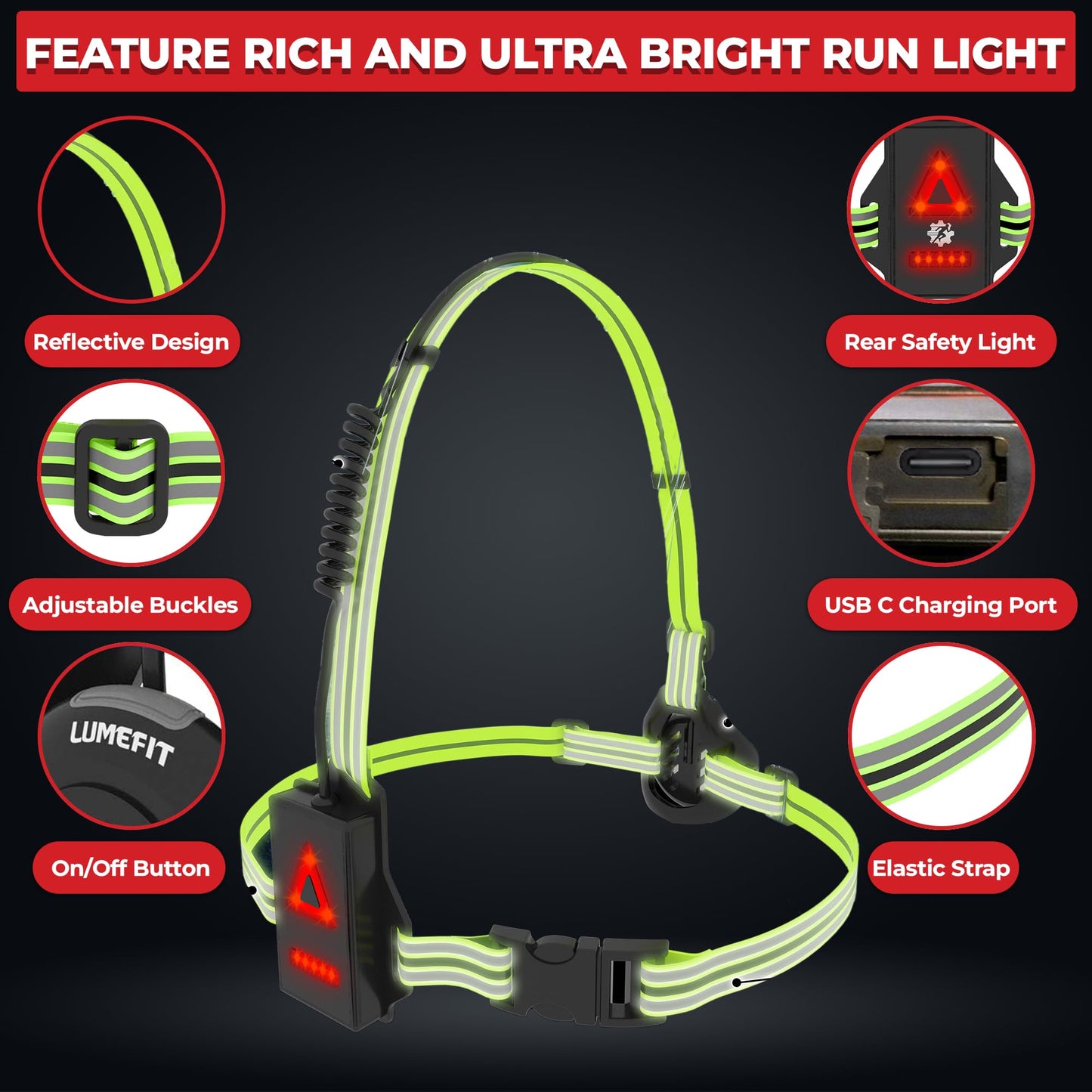 LUMEFIT Run Light Running Lights for Runners Chest LED Lamp 90° Adjustable Beam Angle 500 Lumen 360 Degree Reflective Band USB Rechargeable Front Body Torch Jogging Hiking