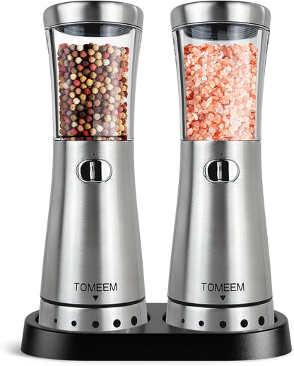 Set Set 4.5 oz 1.8" Electric Salt and Pepper Grinder with Storage Base, Stainless Steel Rechargeable Salt and Pepper