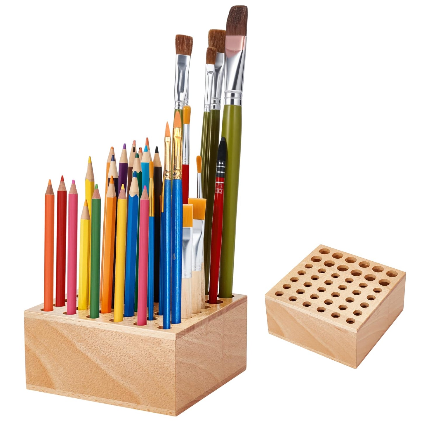 twinklemon Beechwood Paint Brush Holder 42 Holes Paint Brush Storage Organizer Paintbrush Holder Organizer Wooden Block Pencil Holder for Makeup Brushes Pens and Art Tools